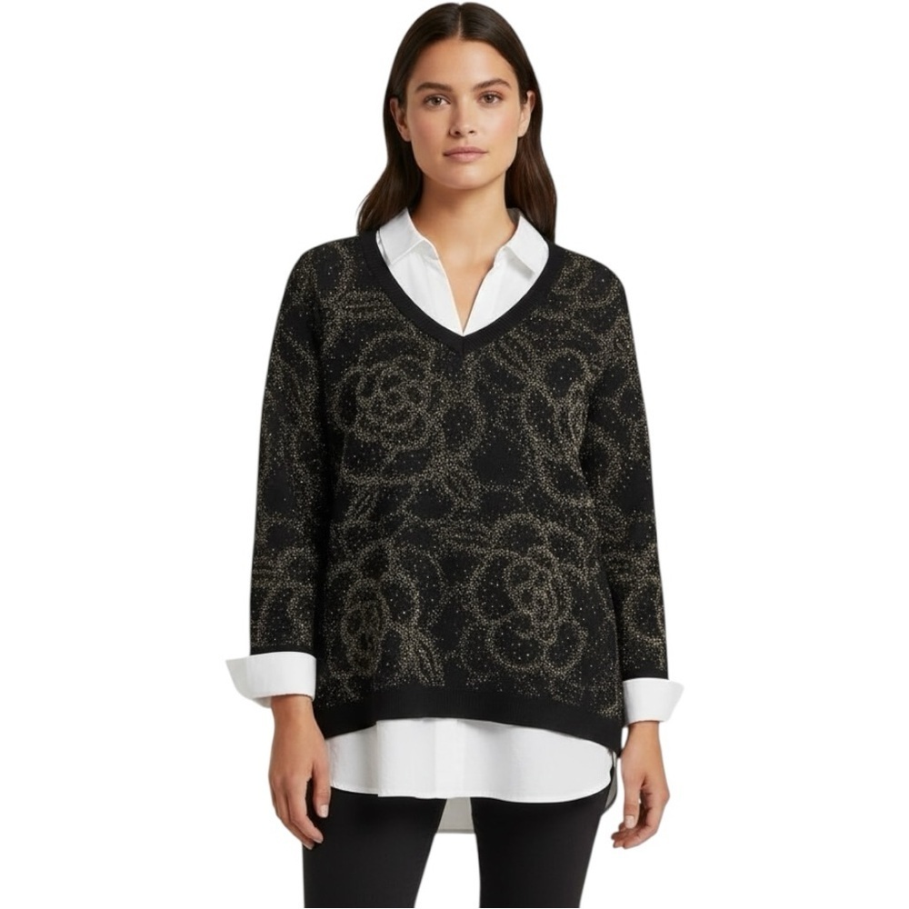 Ruby Rd. Black and Gold Metallic Floral Layered V-Neck Top